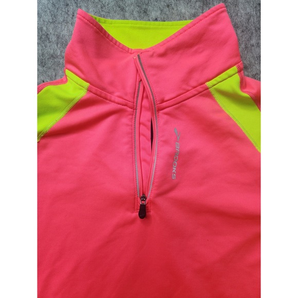 Brooks Womens Neon Pink Lime Green Quarter Zip Running Top Small Thumbholes - Picture 4 of 11